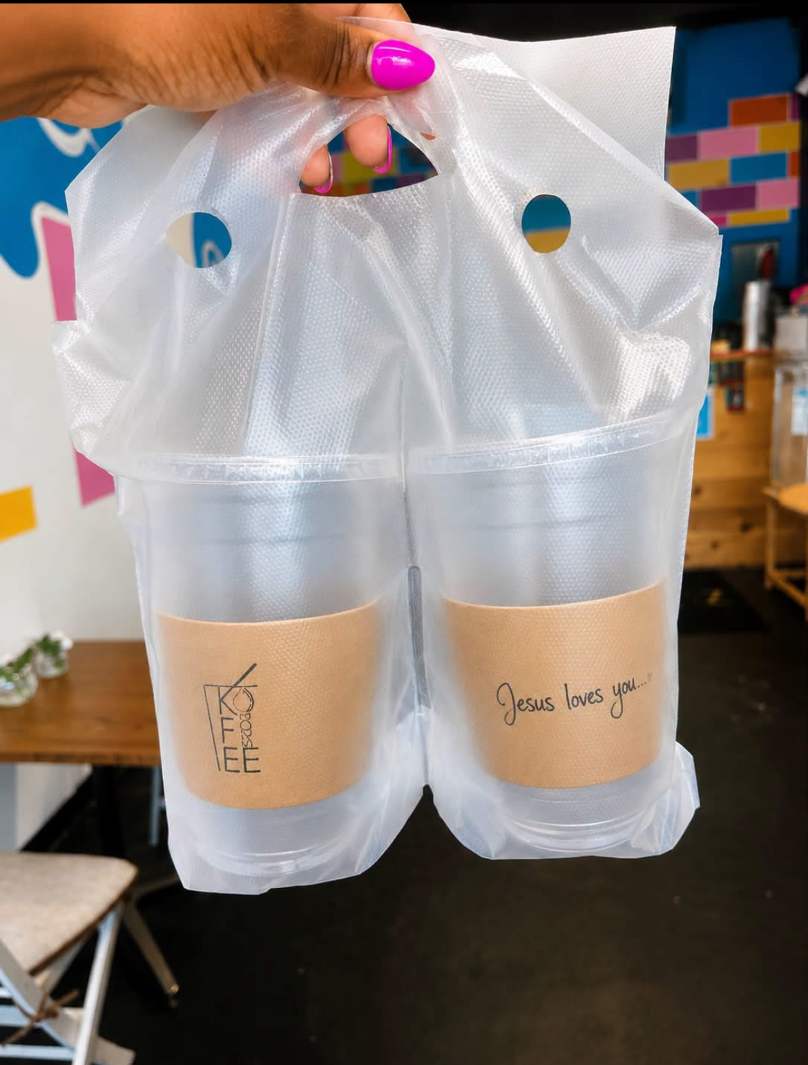 Two iced drinks bagged for pickup