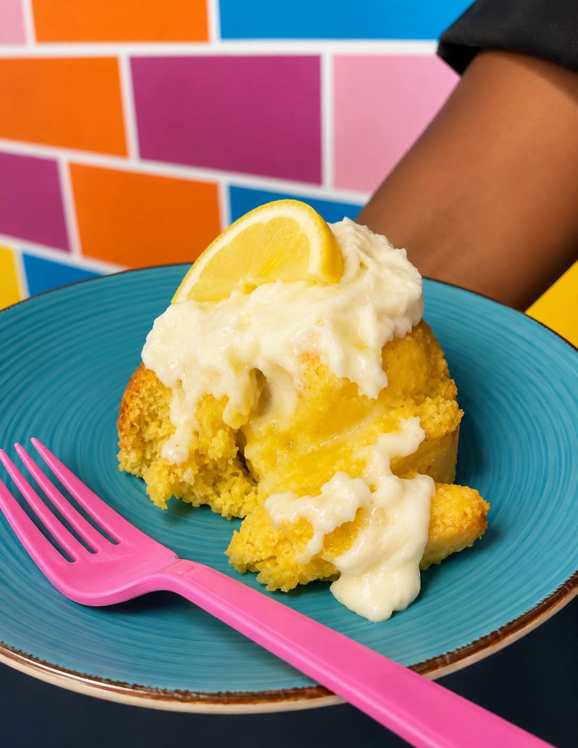 Lemon cake slice with cream cheese glaze on a teal plate